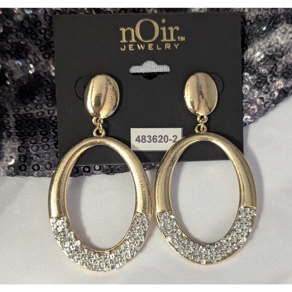Oval Mottled Gold Rhinestone Hoop Earrings by nOir - Picture 1 of 6
